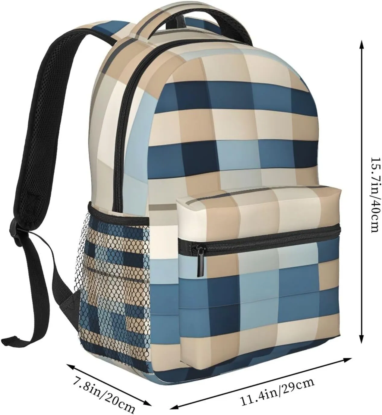 Blue Beige square pattern print Lightweight Bookbag Casual Laptop Backpack for Men Women College backpack