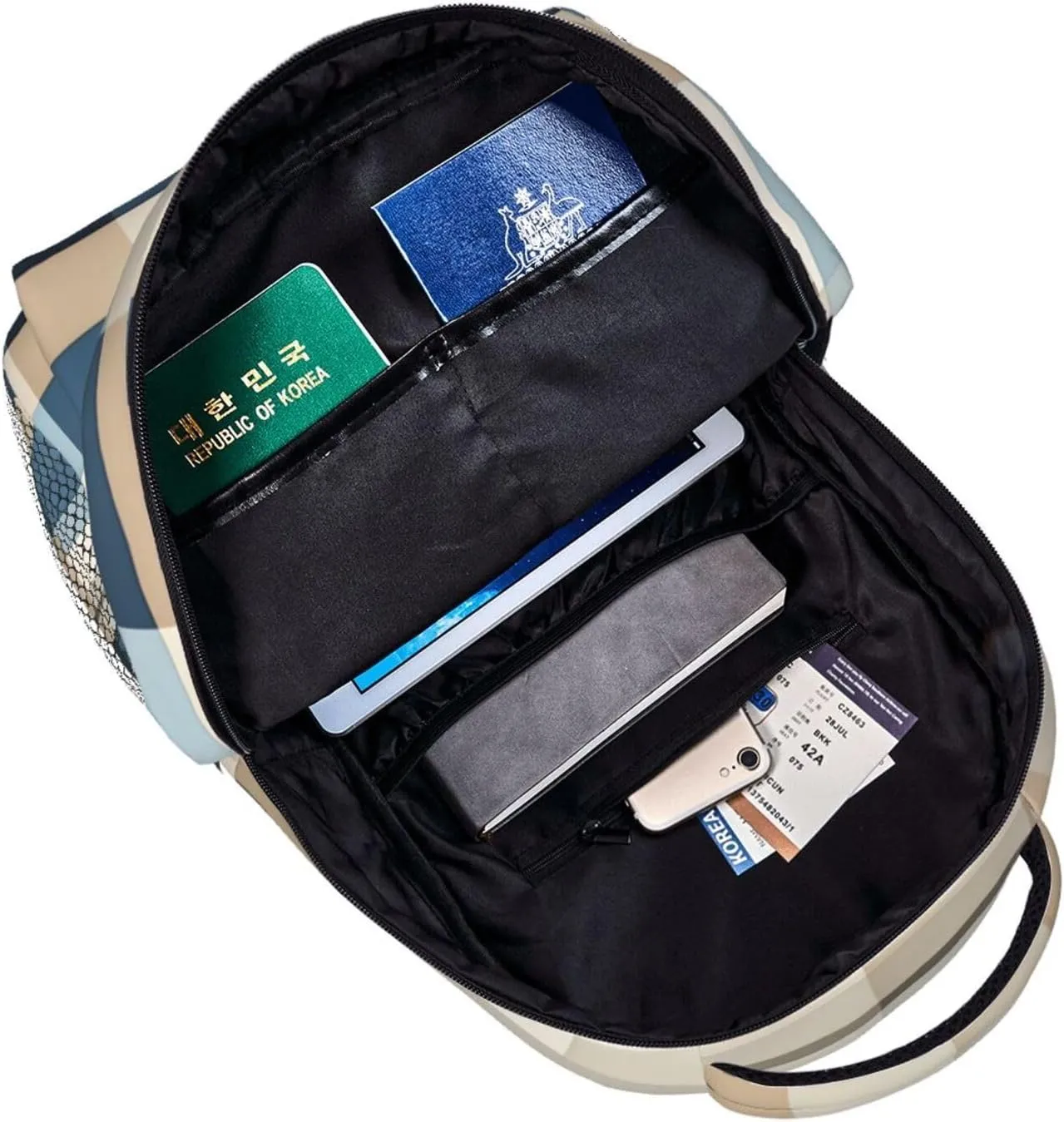 Blue Beige square pattern print Lightweight Bookbag Casual Laptop Backpack for Men Women College backpack