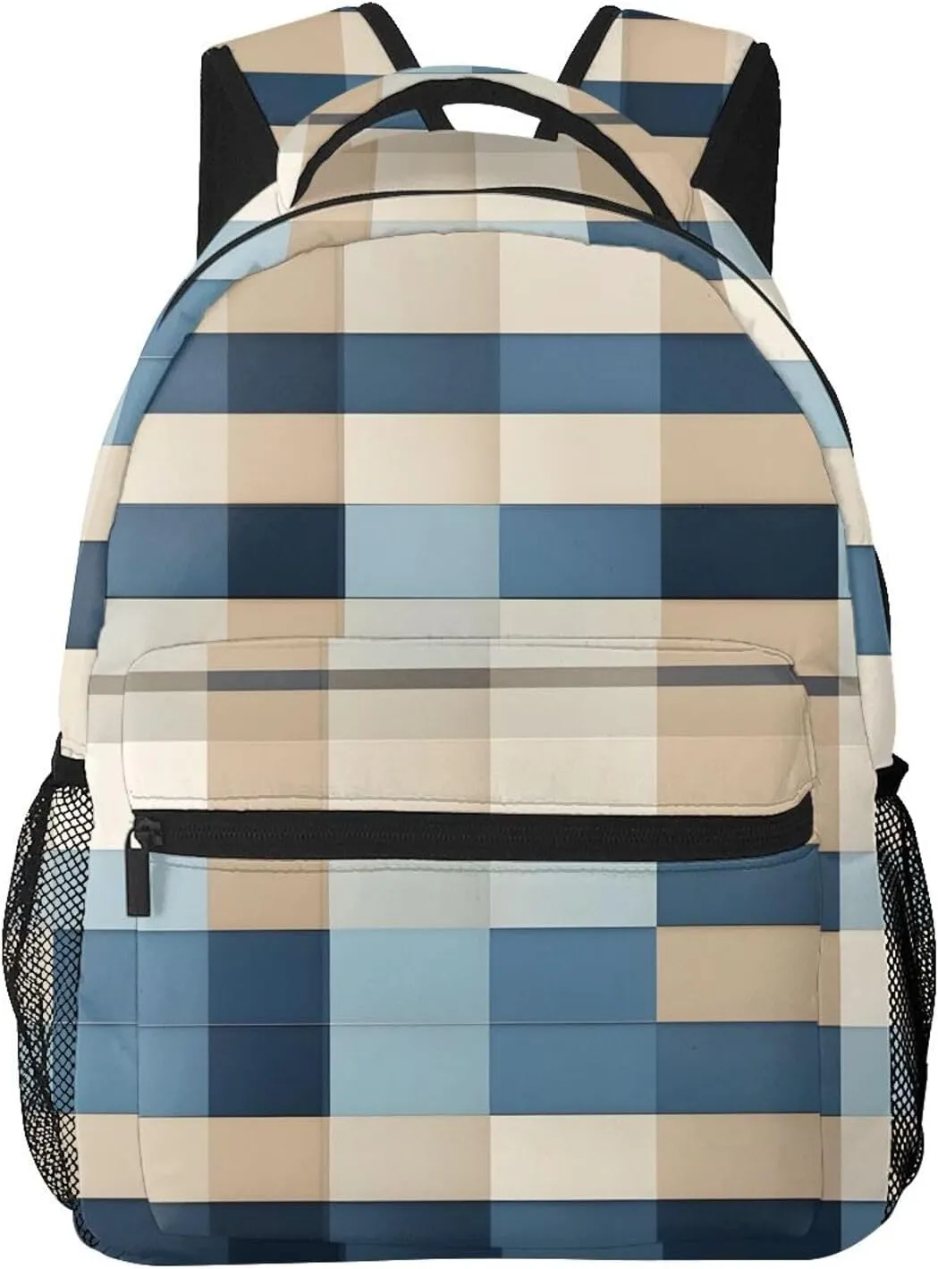 Blue Beige square pattern print Lightweight Bookbag Casual Laptop Backpack for Men Women College backpack