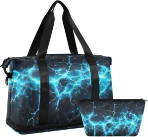 Blue Electric Sparks Gym Bag - Weekender Overnight Bags for Women Men, Sport Travel Duffel Bag with Wet Pocket & Shoe Compartment