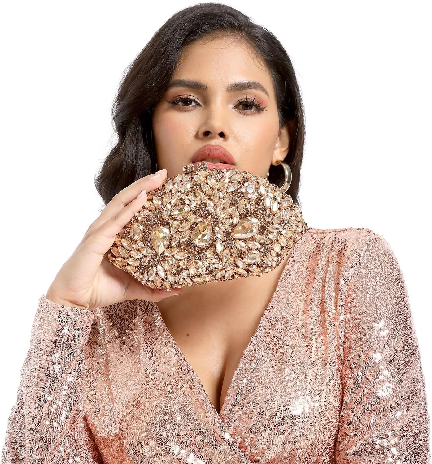 Boutique De FGG Flower Evening Bags for Women Formal Rhinestone Clutch Purse Wedding Party Prom Crystal Clutch Handbag,Mini