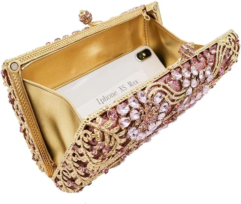 Boutique De FGG Flower Formal Crystal Clutch Purses for Women Evening Handbags Bridal Floral Rhinestones Clutch Bag,Mini