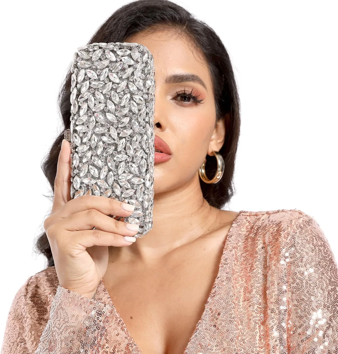 Boutique De FGG Women Crystal Clutch Bag Minaudiere Box Handbag Party Prom Rhinestone Clutch Purse Wedding Bag, Mini