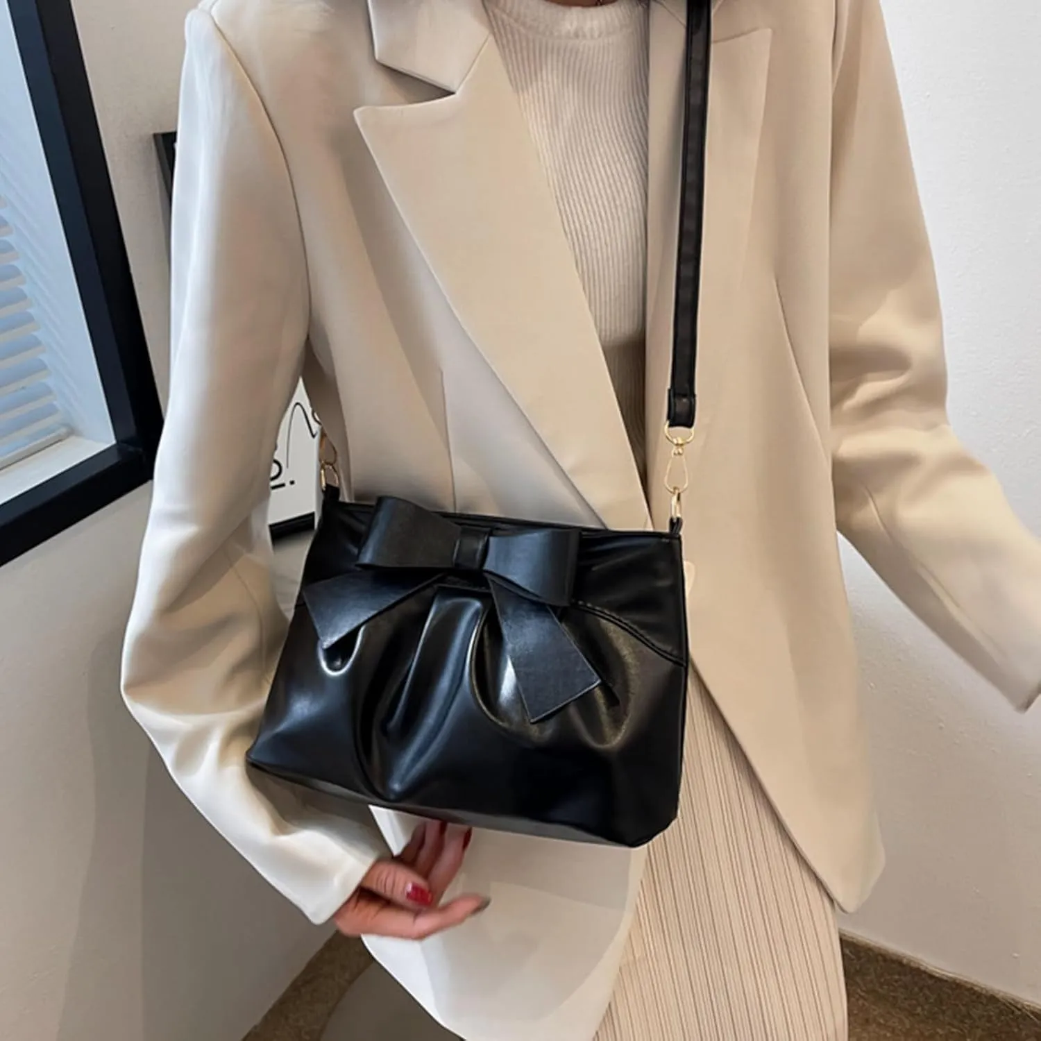 Bow Clutch Evening Handbag Purse for Women Bridal Soft Leather Ruched Crossbody Bags Shoulder Bag