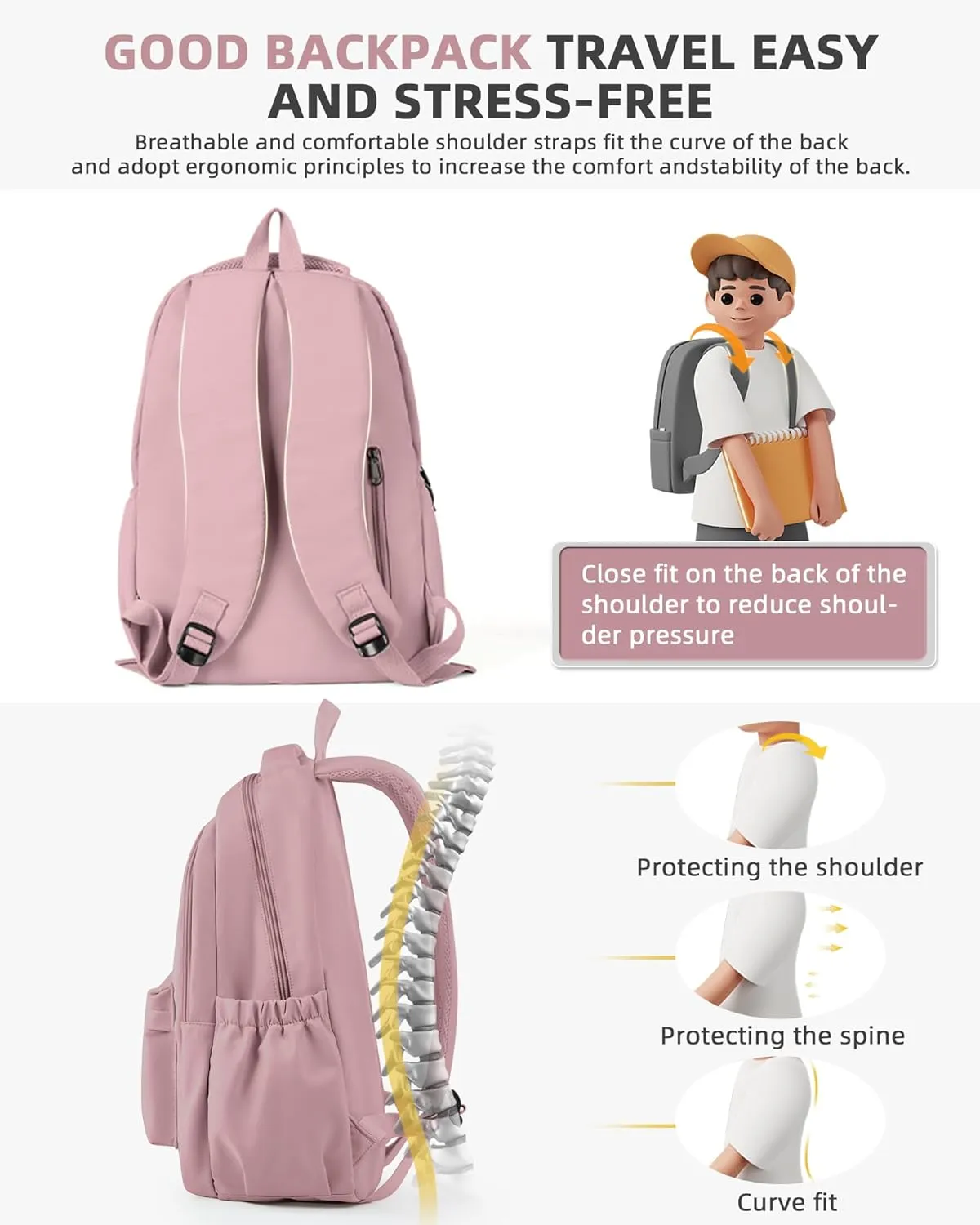 BOXSAM Lightweight School Backpack for Women Men, Laptop Travel Casual Daypack College Secondary School Bags Bookbag for Teenage Girls Boys, Pink
