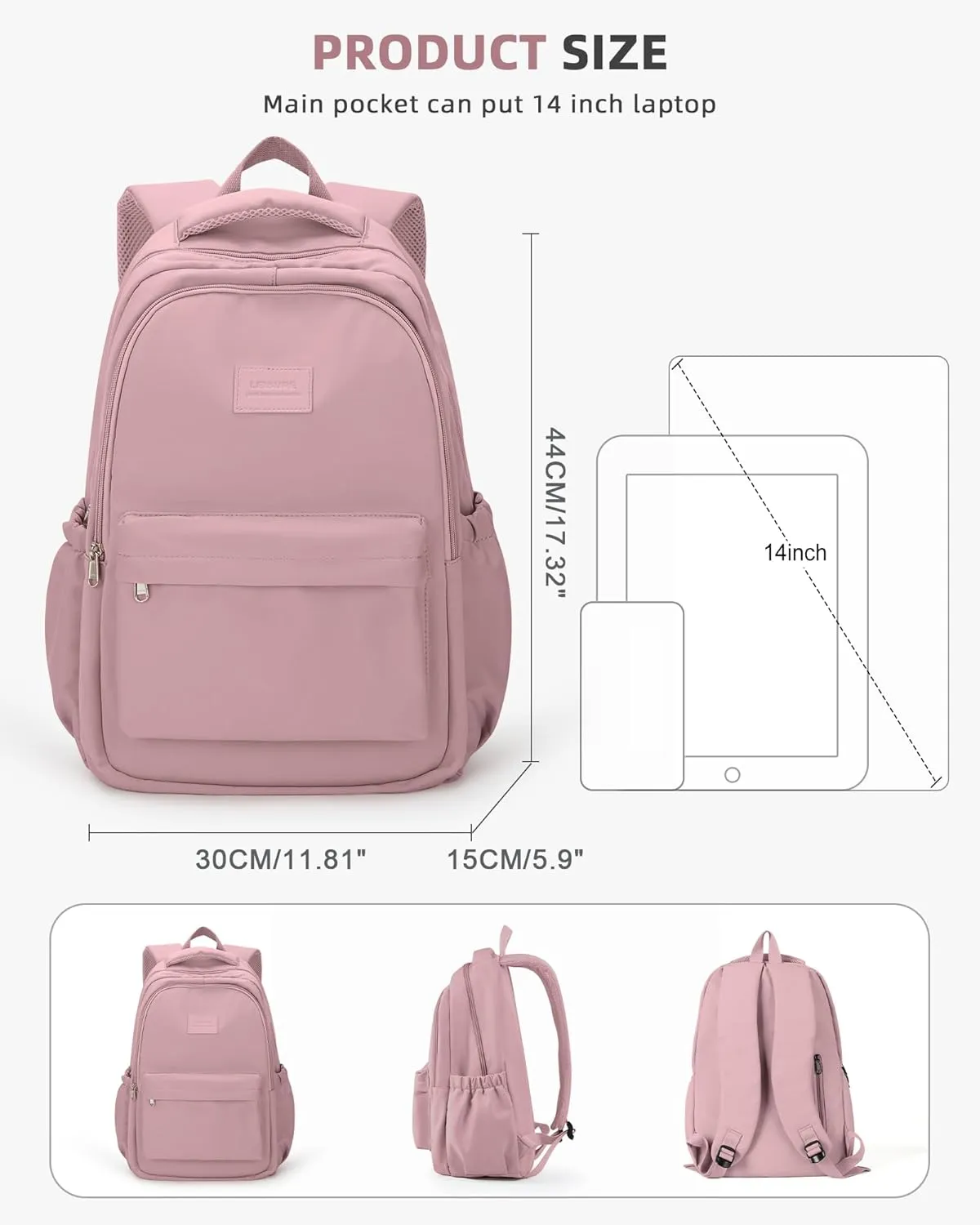 BOXSAM Lightweight School Backpack for Women Men, Laptop Travel Casual Daypack College Secondary School Bags Bookbag for Teenage Girls Boys, Pink