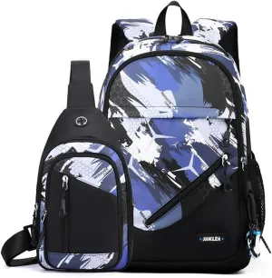 Boy School Backpack Set with Sling Bag,Teens Backpack for Elementary Middle High school Student with Crossbody Bag (2pcs Camo-blue)