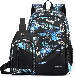 Boy School Backpack Set with Sling Bag,Teens Backpack for Elementary Middle High school Student with Crossbody Bag (2pcs Football-blue)