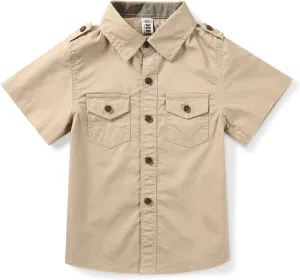 Boys Short Sleeve Button Down Shirt Casual Uniform Military Scout Shirt with 2 Pockets