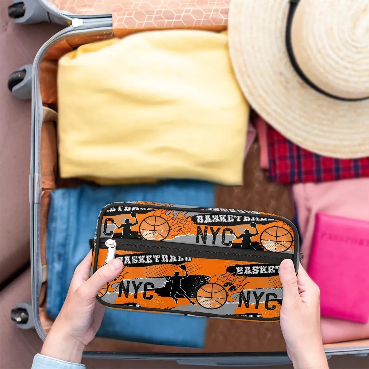 Boys Travel Toiletry Bag, Kids Waterproof Hanging Dopp Kit, Wash Bag with Large Capacity for Travel, Sports, Shower, Basketball Orange