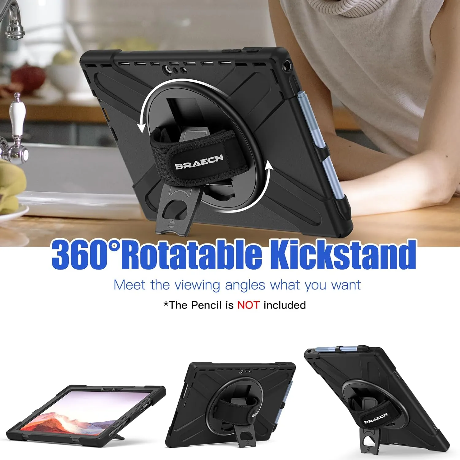 BRAECNstock Silicone Case for Microsoft Surface Pro 7  Plus/Pro 7/6/5/4 12.3" Rugged Surface Pro 7 /7/6/5/4 Kids Cover with Screen Protector Rotating Hand Strap Stand Pen Holder Shoulder Strap - Black