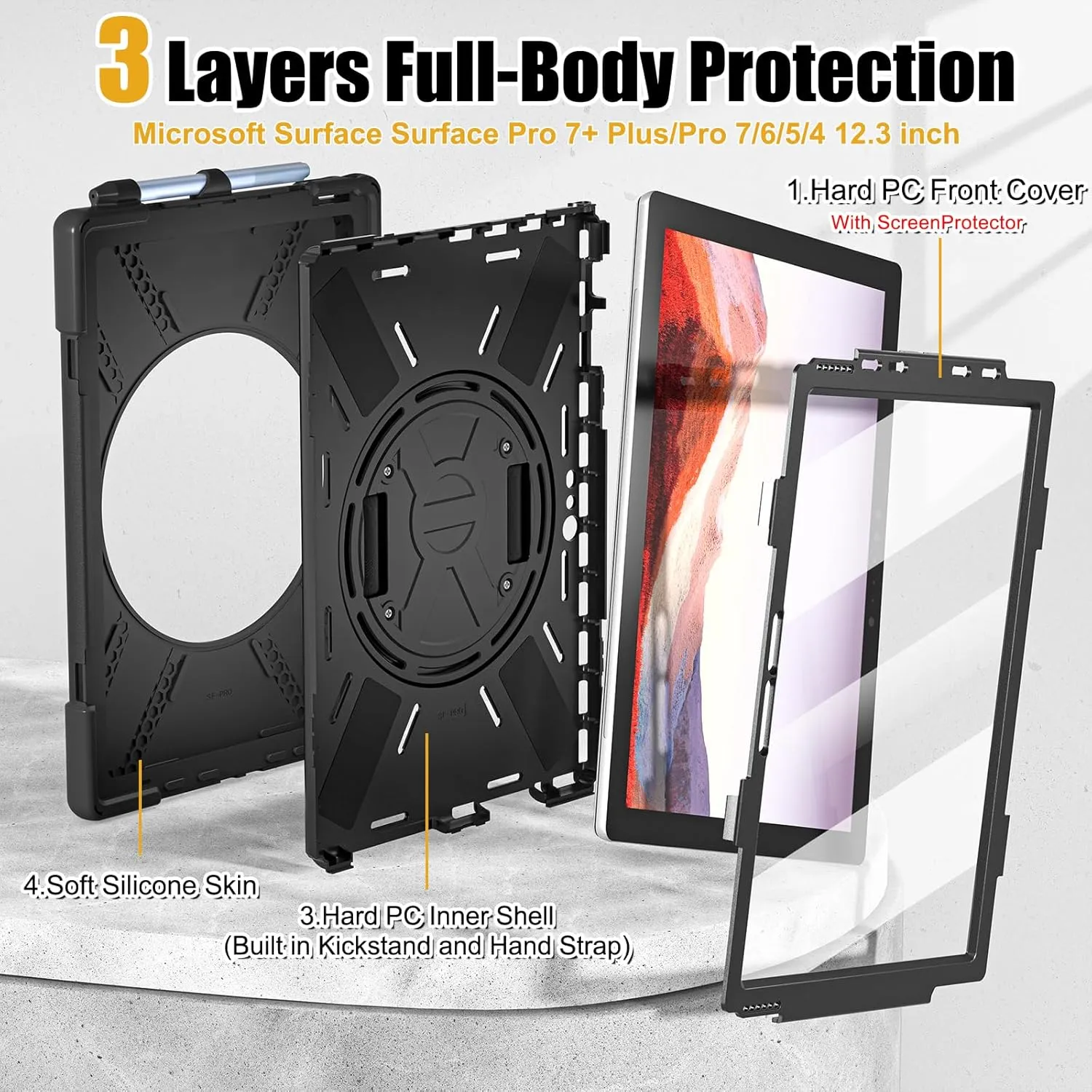 BRAECNstock Silicone Case for Microsoft Surface Pro 7  Plus/Pro 7/6/5/4 12.3" Rugged Surface Pro 7 /7/6/5/4 Kids Cover with Screen Protector Rotating Hand Strap Stand Pen Holder Shoulder Strap - Black