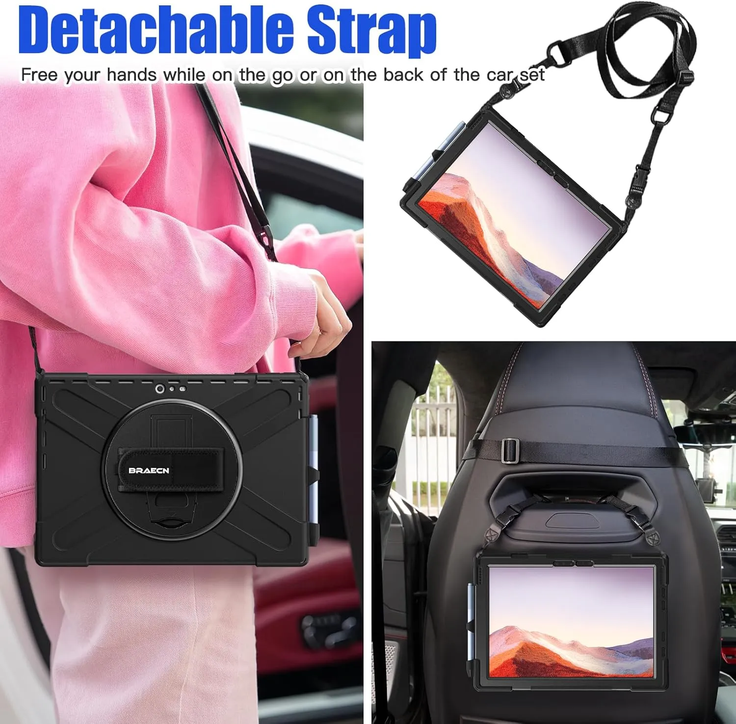 BRAECNstock Silicone Case for Microsoft Surface Pro 7  Plus/Pro 7/6/5/4 12.3" Rugged Surface Pro 7 /7/6/5/4 Kids Cover with Screen Protector Rotating Hand Strap Stand Pen Holder Shoulder Strap - Black