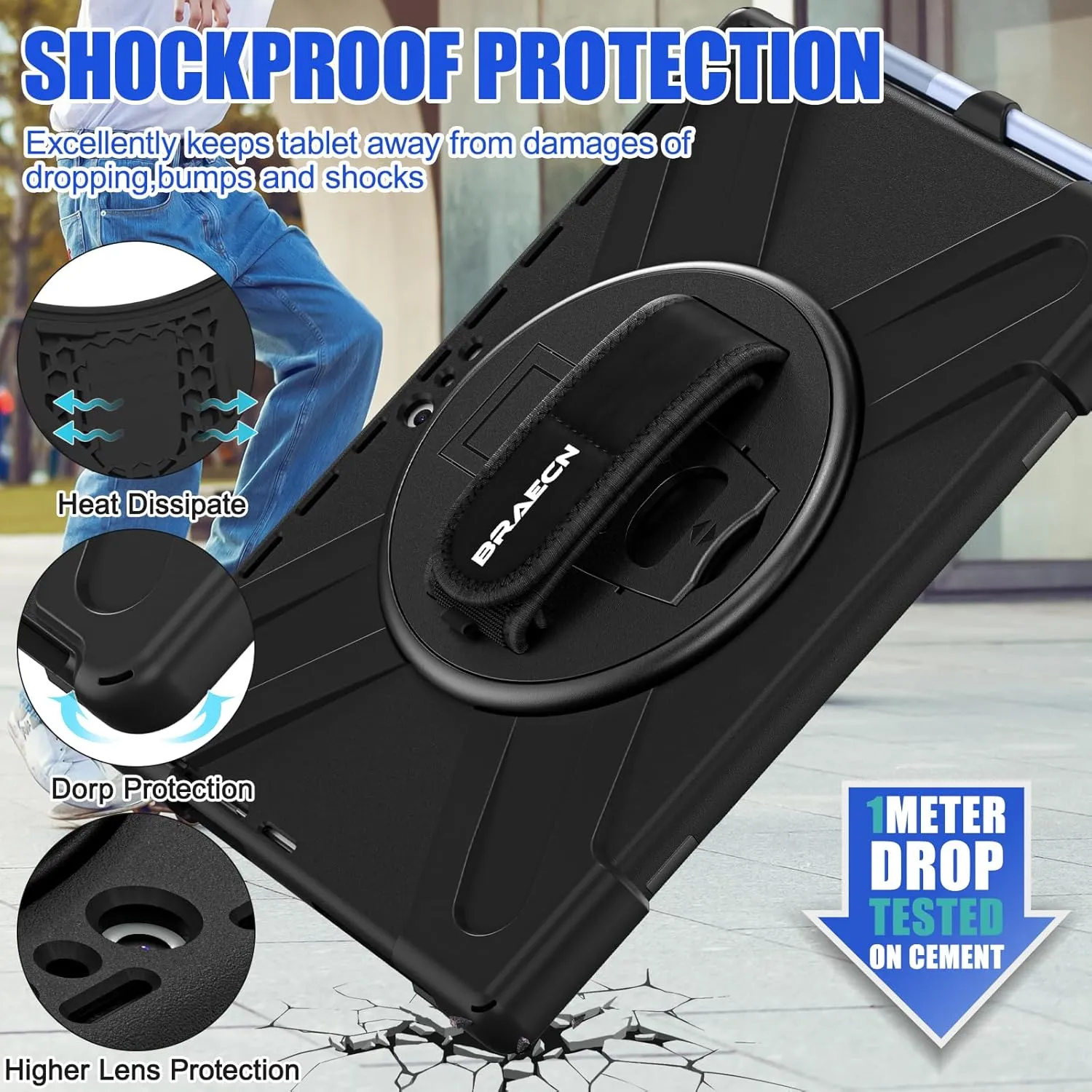 BRAECNstock Silicone Case for Microsoft Surface Pro 7  Plus/Pro 7/6/5/4 12.3" Rugged Surface Pro 7 /7/6/5/4 Kids Cover with Screen Protector Rotating Hand Strap Stand Pen Holder Shoulder Strap - Black