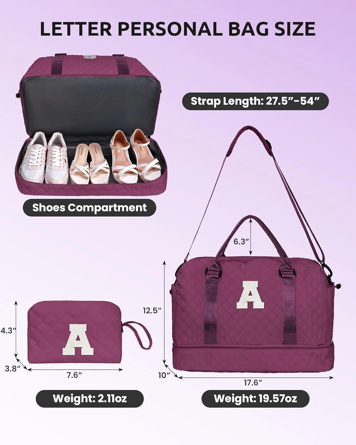 Bridesmaid Gifts Preteeen Girls Stuff-Initial Girl Travel Bags with Shoe Compartment, Personalized Weekender Bag, Monogram Overnight Bag for Women, Travel Bag with Makeup Bag (Letter D)