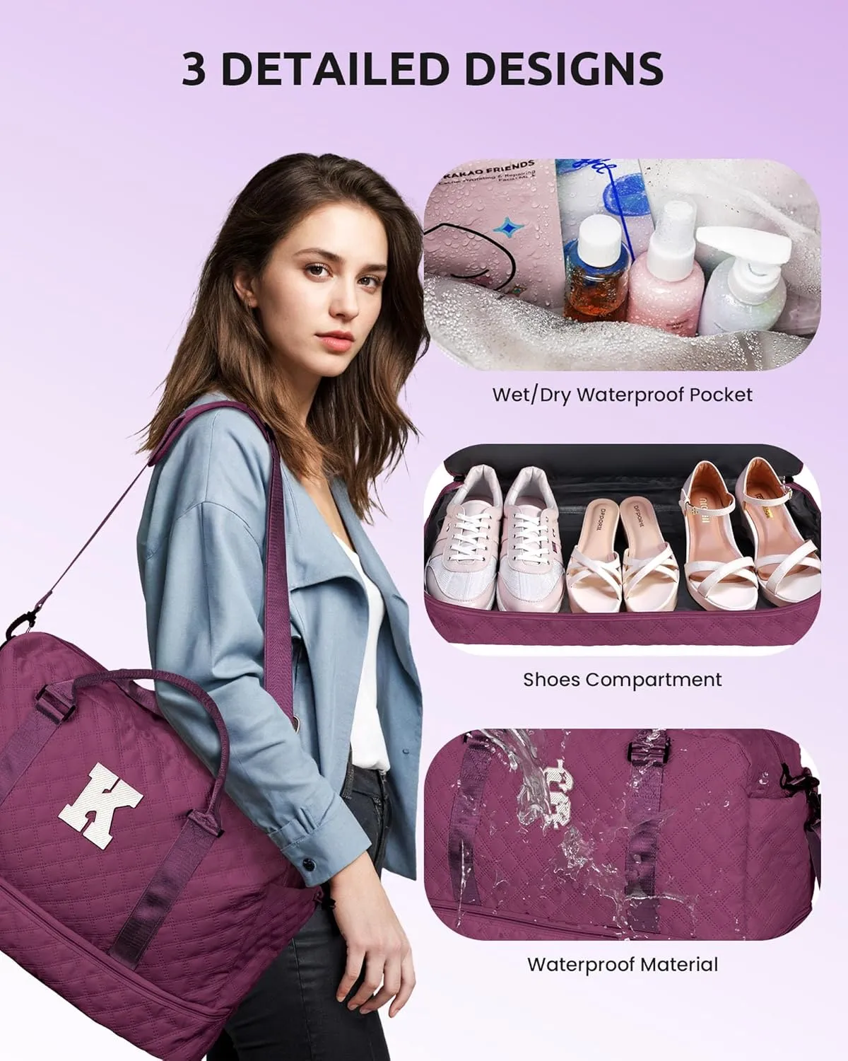Bridesmaid Gifts Preteeen Girls Stuff-Initial Girl Travel Bags with Shoe Compartment, Personalized Weekender Bag, Monogram Overnight Bag for Women, Travel Bag with Makeup Bag (Letter D)