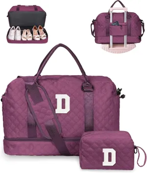 Bridesmaid Gifts Preteeen Girls Stuff-Initial Girl Travel Bags with Shoe Compartment, Personalized Weekender Bag, Monogram Overnight Bag for Women, Travel Bag with Makeup Bag (Letter D)