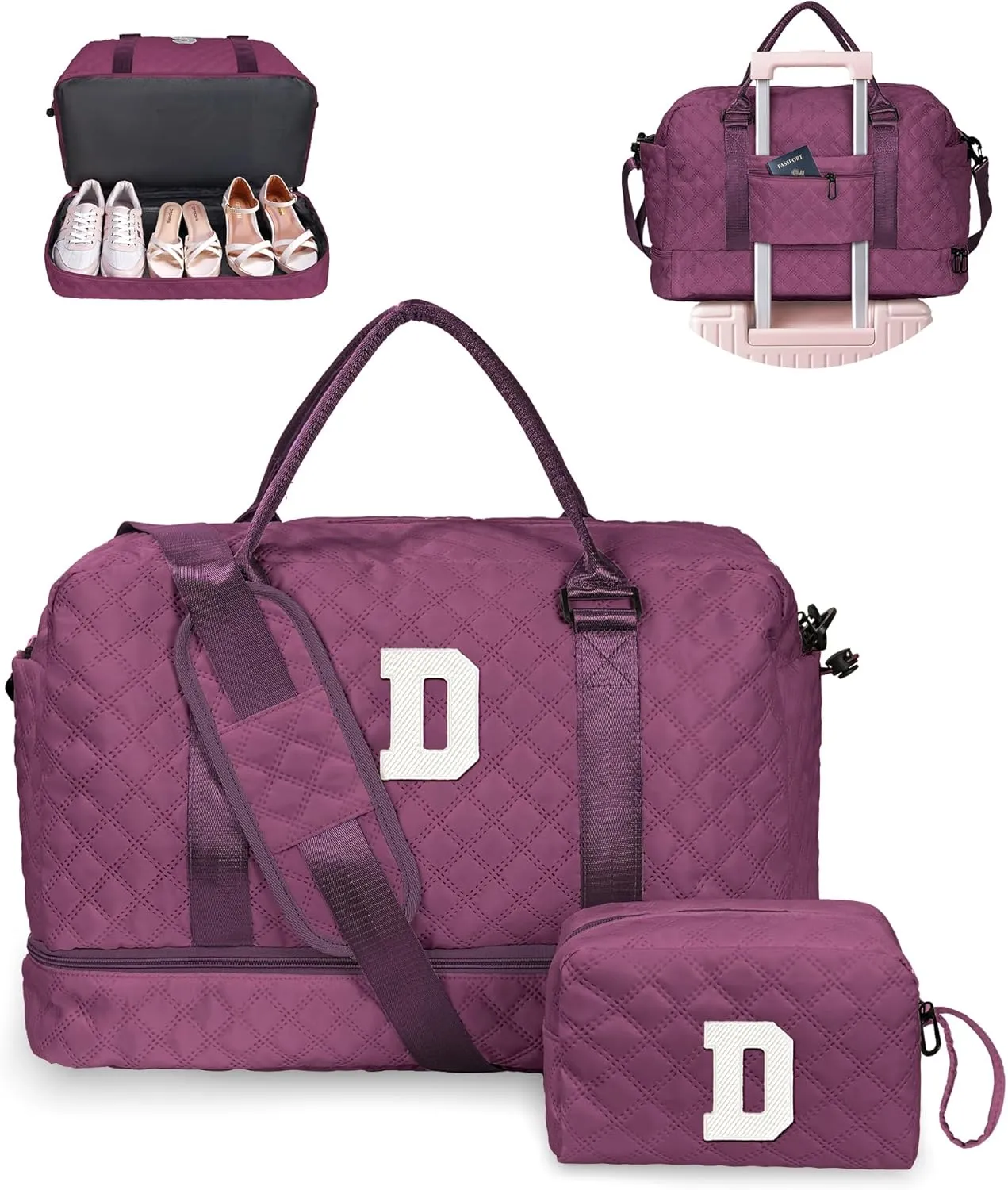 Bridesmaid Gifts Preteeen Girls Stuff-Initial Girl Travel Bags with Shoe Compartment, Personalized Weekender Bag, Monogram Overnight Bag for Women, Travel Bag with Makeup Bag (Letter D)