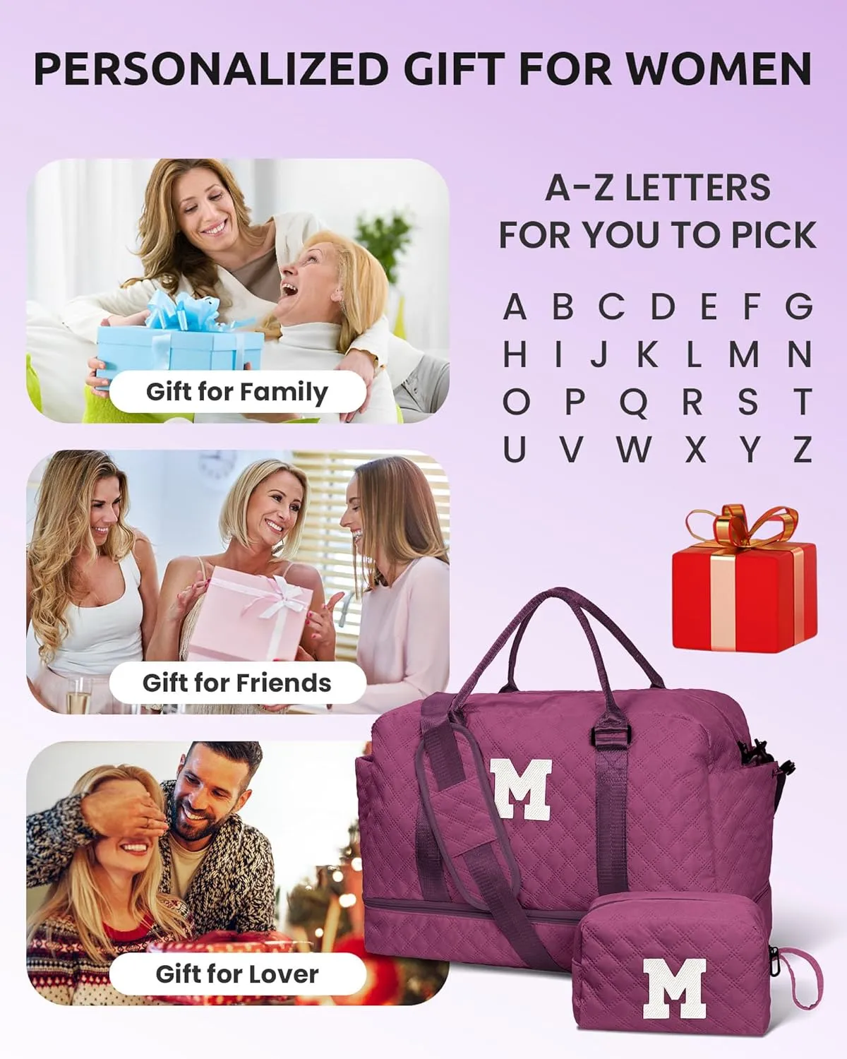 Bridesmaid Gifts Preteeen Girls Stuff-Initial Girl Travel Bags with Shoe Compartment, Personalized Weekender Bag, Monogram Overnight Bag for Women, Travel Bag with Makeup Bag (Letter D)