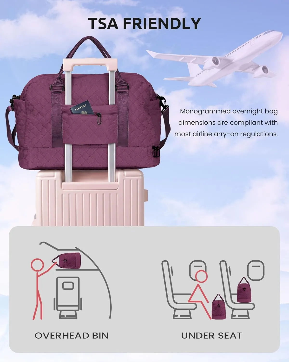 Bridesmaid Gifts Preteeen Girls Stuff-Initial Girl Travel Bags with Shoe Compartment, Personalized Weekender Bag, Monogram Overnight Bag for Women, Travel Bag with Makeup Bag (Letter D)