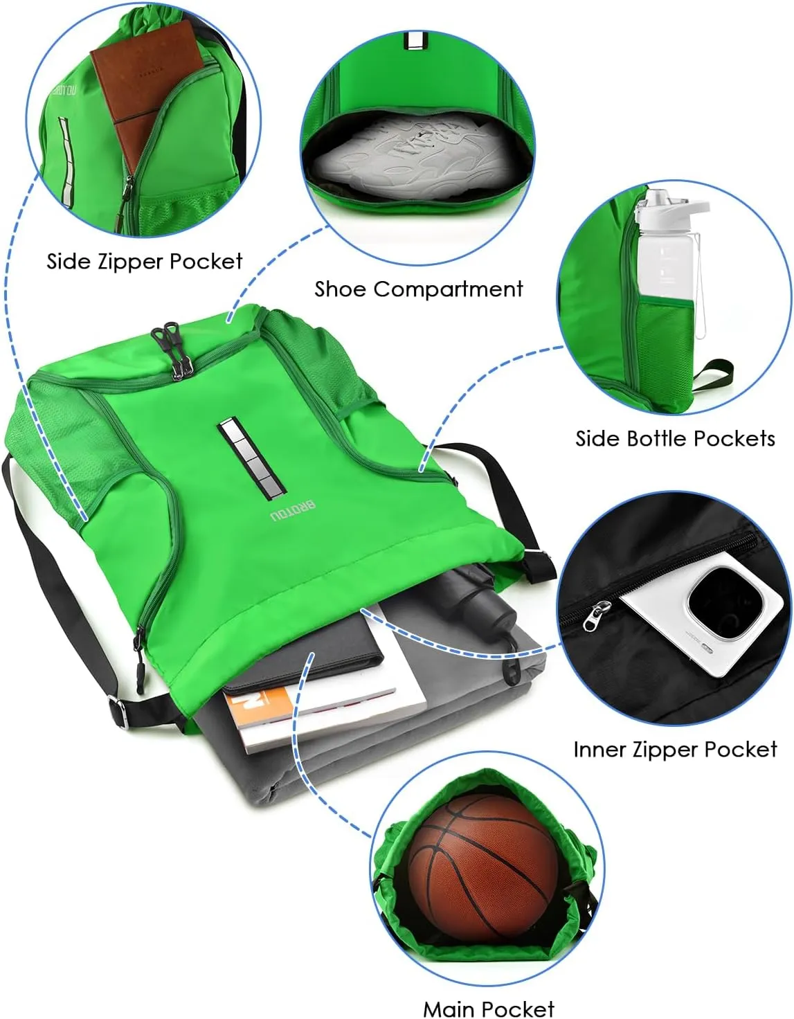 BROTOU Soccer Drawstring Backpack, Basketball Bag, Volleyball Football Bags with Ball and Shoe Compartment