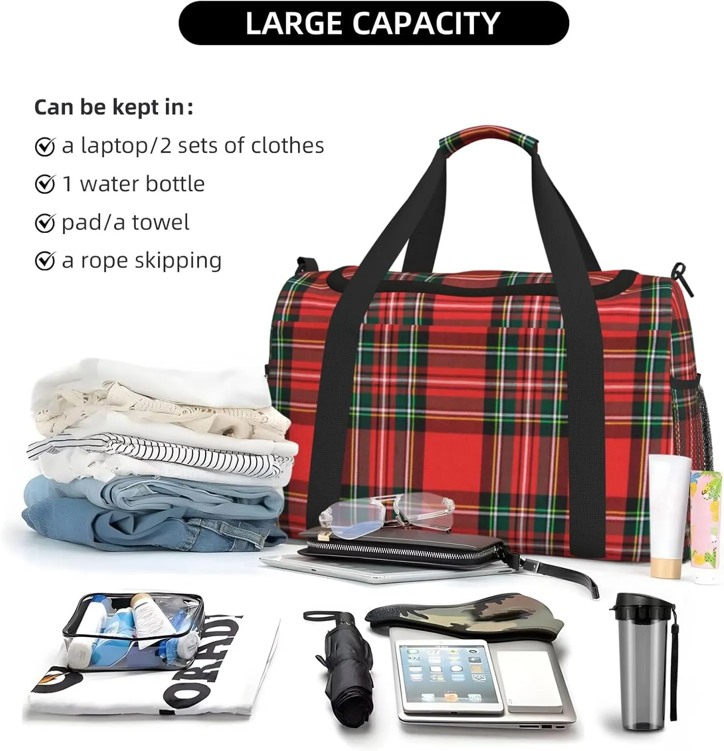 Buffalo Plaid Red Travel Duffel Bag Large Foldable Waterproof Overnight Bag For Beach Swim Bags Pool Sports Gym