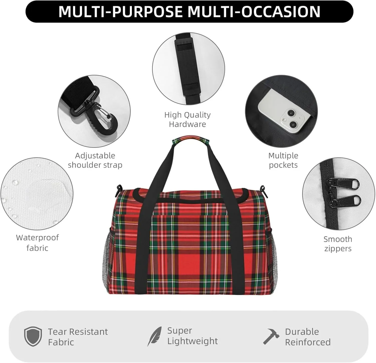 Buffalo Plaid Red Travel Duffel Bag Large Foldable Waterproof Overnight Bag For Beach Swim Bags Pool Sports Gym