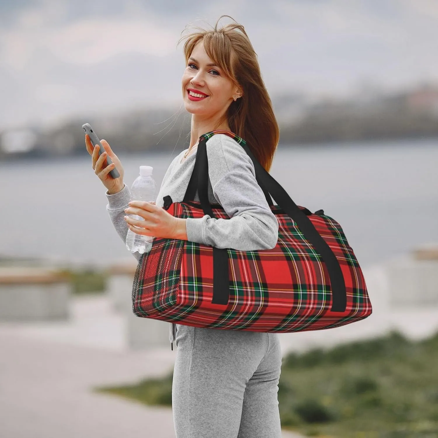 Buffalo Plaid Red Travel Duffel Bag Large Foldable Waterproof Overnight Bag For Beach Swim Bags Pool Sports Gym