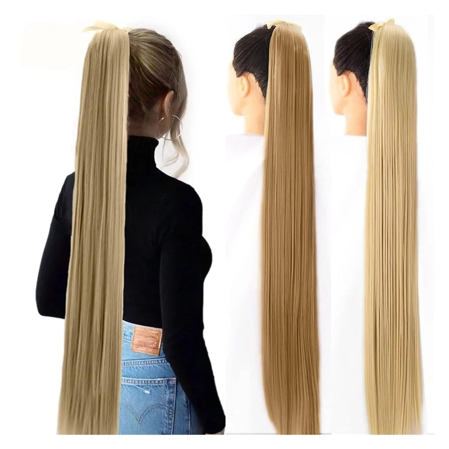 Bun Hair Pieces for Women 1 Pack Long Straight Drawstring Hair Clip Ponytail Extension Synthetic Wig Hair Extensions Bun for Everyday Party Use Messy Bun Hair Piece(05,55CM)