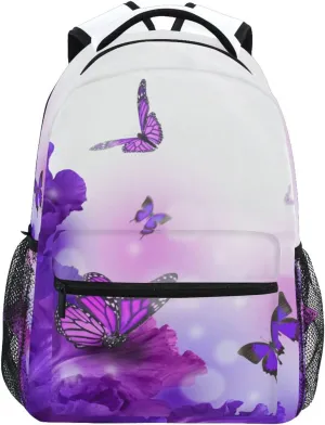 Butterfly Purple Flowers Girls Backpack Elementary Middle School Backpack Bookbag for Girls Boys Kids Teen Back to School Book Bag Gifts for 2nd 3rd 4th 5th 6th Grade Students