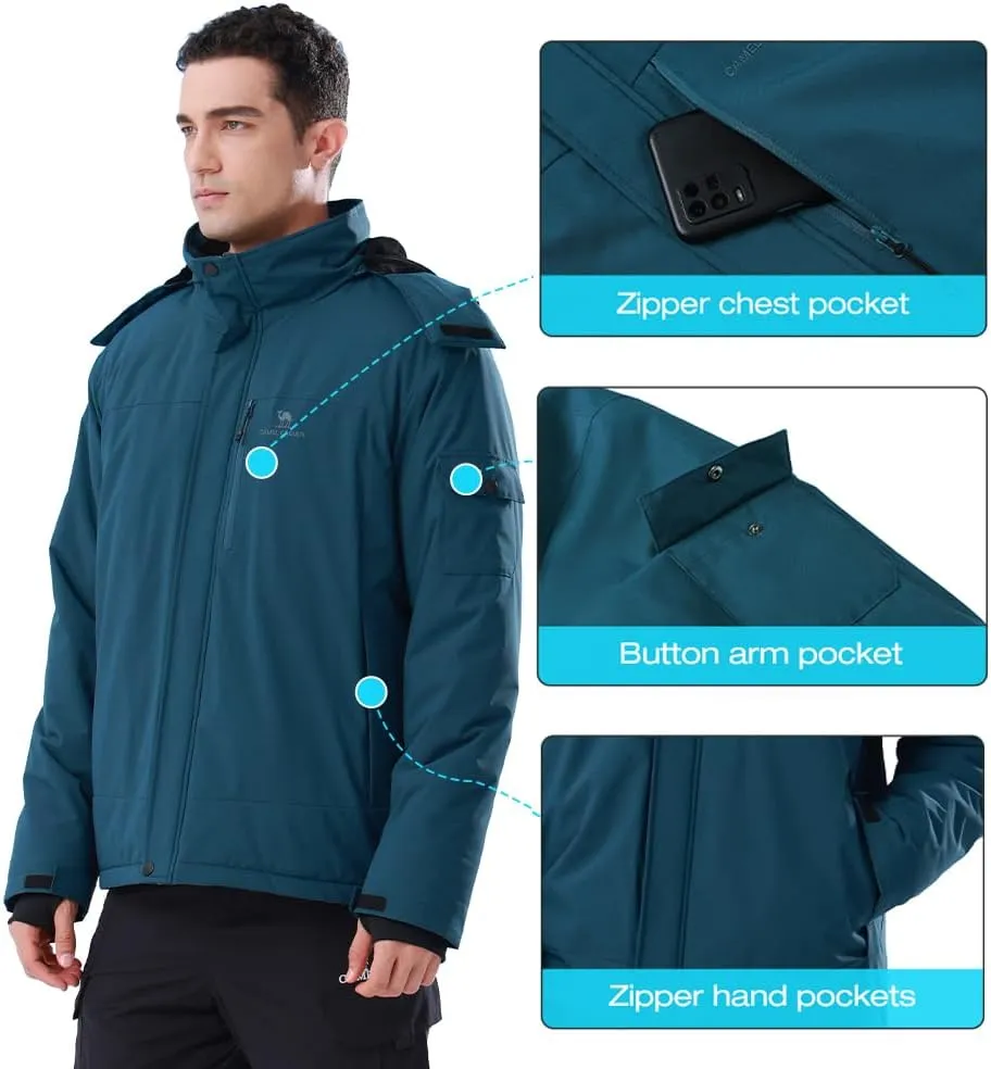 CAMEL CROWN Mens Winter Coat Waterproof Ski Jacket with Fleece Lining Warm Windproof for Snow Rain Outdoor Hiking Mountain