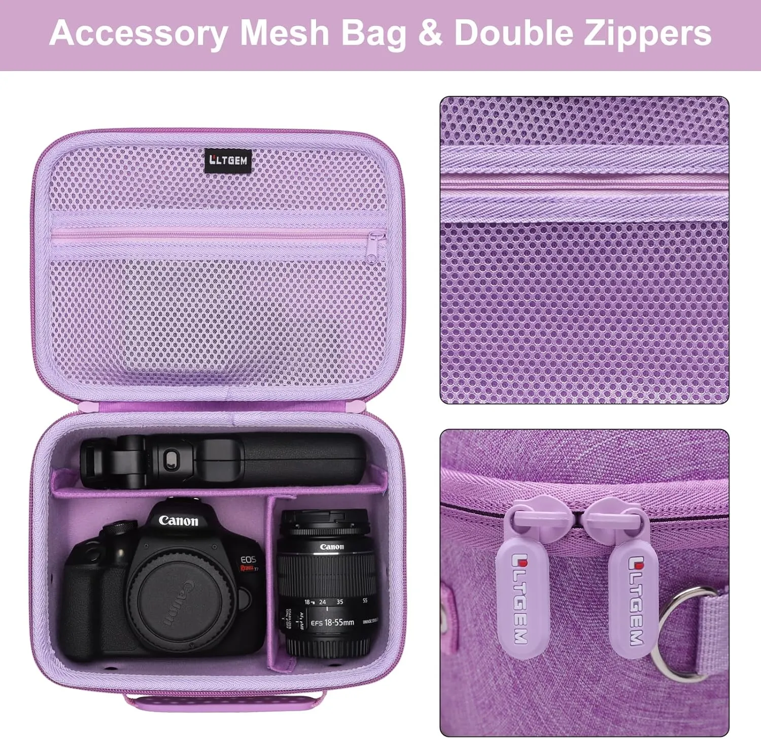 Camera Case Compatible with Canon EOS Rebel T7 / R100 / R50 / R5 / R6 Mark II / R7 / R8 / 90D / 5D Mark IV, Sony, Nikon DSLR Camera, Lens, Tripod, with 4 Pieces of Dividers and Shoulder Strap, Purple