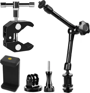 Camera Magic Arm - 11 Inch Metal Adjustable Friction Articulated Arm with Super Clamp/Phone Clip, for Various Action Camera/DSLR/LCD Monitor/LED Lights/Cell Phone