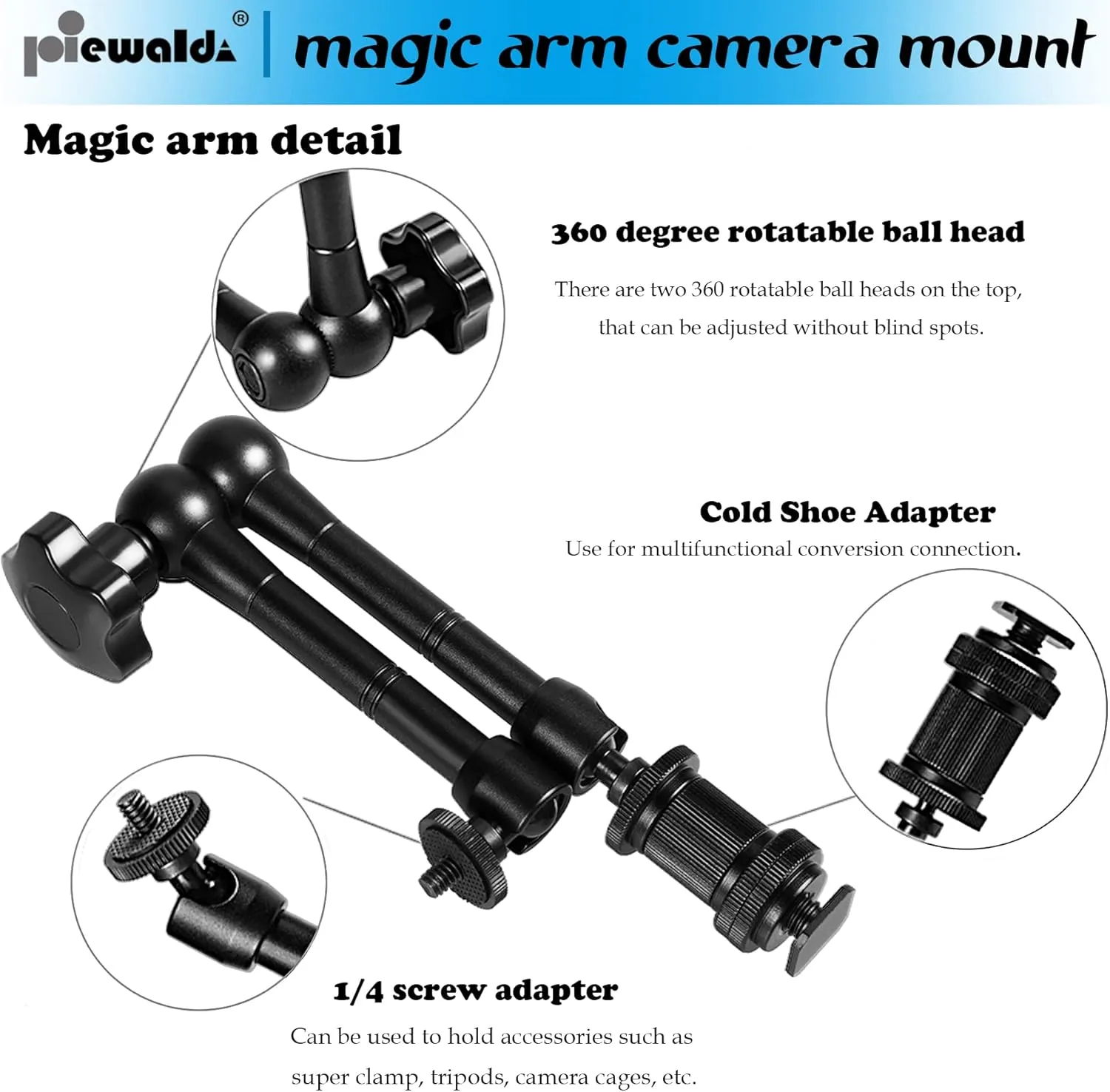 Camera Magic Arm - 11 Inch Metal Adjustable Friction Articulated Arm with Super Clamp/Phone Clip, for Various Action Camera/DSLR/LCD Monitor/LED Lights/Cell Phone