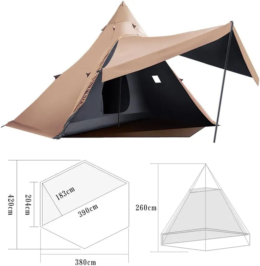 Camping Indian Teepee Tent for 5-8 Person Lightweight Pyramid Tent Double Layer for Mountaineering Hiking Camping (Khaki 420x420x260cm) (Khaki 420x420x260cm)