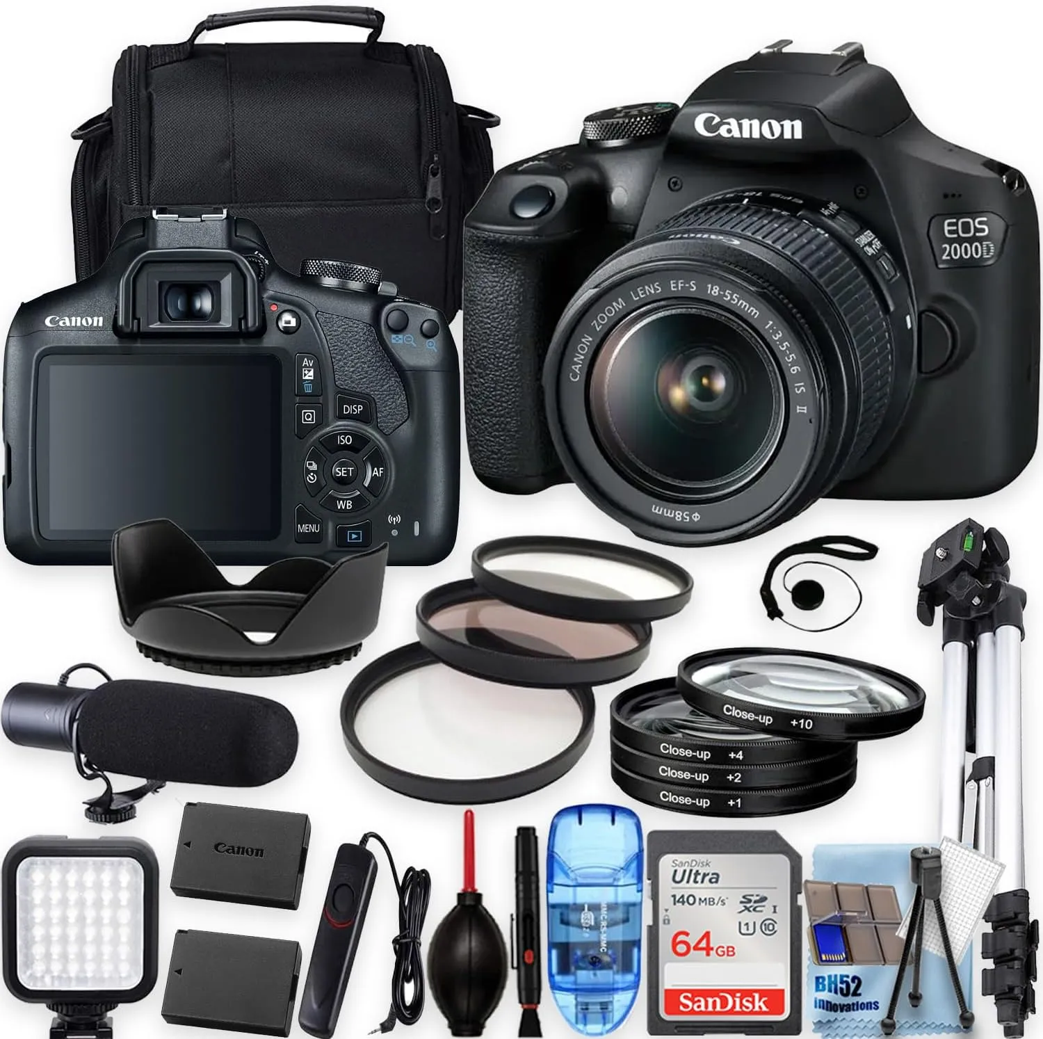 Canon 2000D/EOS Rebel T7 w/EF-S 18-55mm f/3.5-5.6 is II Lens, Tripod Shoulder Bag 50 LED PRO Accessory Bundle (20 Items) (Renewed)