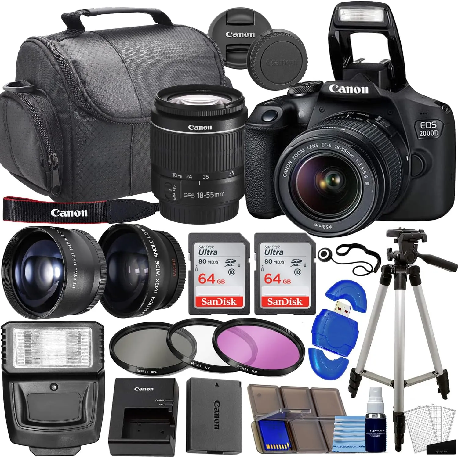 Canon EOS 2000D / Rebel T7 DSLR Camera w/EF-S 18-55mm f/3.5-5.6 Lens 3 Lens Kit: 128GB Memory   Wide Angle   Telephoto   Flash