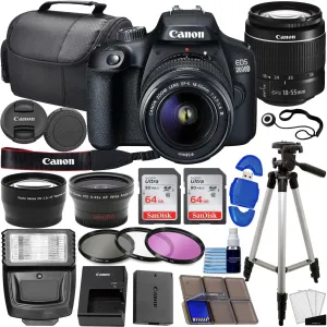 Canon EOS 2000D / Rebel T7 DSLR Camera w/EF-S 18-55mm f/3.5-5.6 Lens 3 Lens Kit: 128GB Memory   Wide Angle   Telephoto   Flash