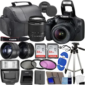 Canon EOS 2000D / Rebel T7 DSLR Camera w/EF-S 18-55mm f/3.5-5.6 Lens 3 Lens Kit: 128GB Memory   Wide Angle   Telephoto   Flash