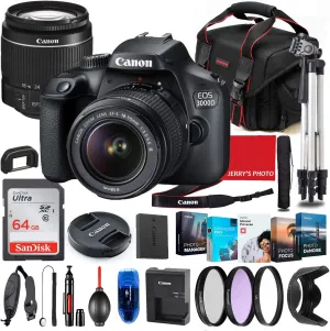 Canon EOS 3000D (Rebel T100) DSLR Camera with 18-55mm Lens Bundle   Premium Accessory Bundle Including 64GB Memory, Filters, Photo/Video Software Package, Shoulder Bag & More (Renewed)