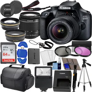 Canon EOS 4000D DSLR (Rebel T100) W/ 18-55mm Zoon Lens Kit |18 Megapixels CMOS | HD Video   Wide Angle Lens   Telephoto Lens, 64GB Memory, 3PC Filter Kit, Case, Tripod   More (31PC Bundle), Black