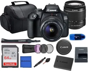 Canon EOS 4000D (Rebel T100) DSLR Camera w/Canon EF-S 18-55mm F/3.5-5.6 Zoom Lens   Case   Sandisk 64GB Memory Card   3pc Filter Kit   Card Reader   Cleaning Kit (International Model) (Renewed)