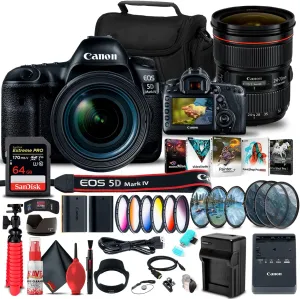 Canon EOS 5D Mark IV DSLR Camera with 24-70mm f/4L Lens (1483C018)   Canon EF 24-70mm f/2.8L II USM Lens (5175B002)   64GB Memory Card   Color Filter Kit   Filter Kit   LPE6 Battery   More (Renewed)