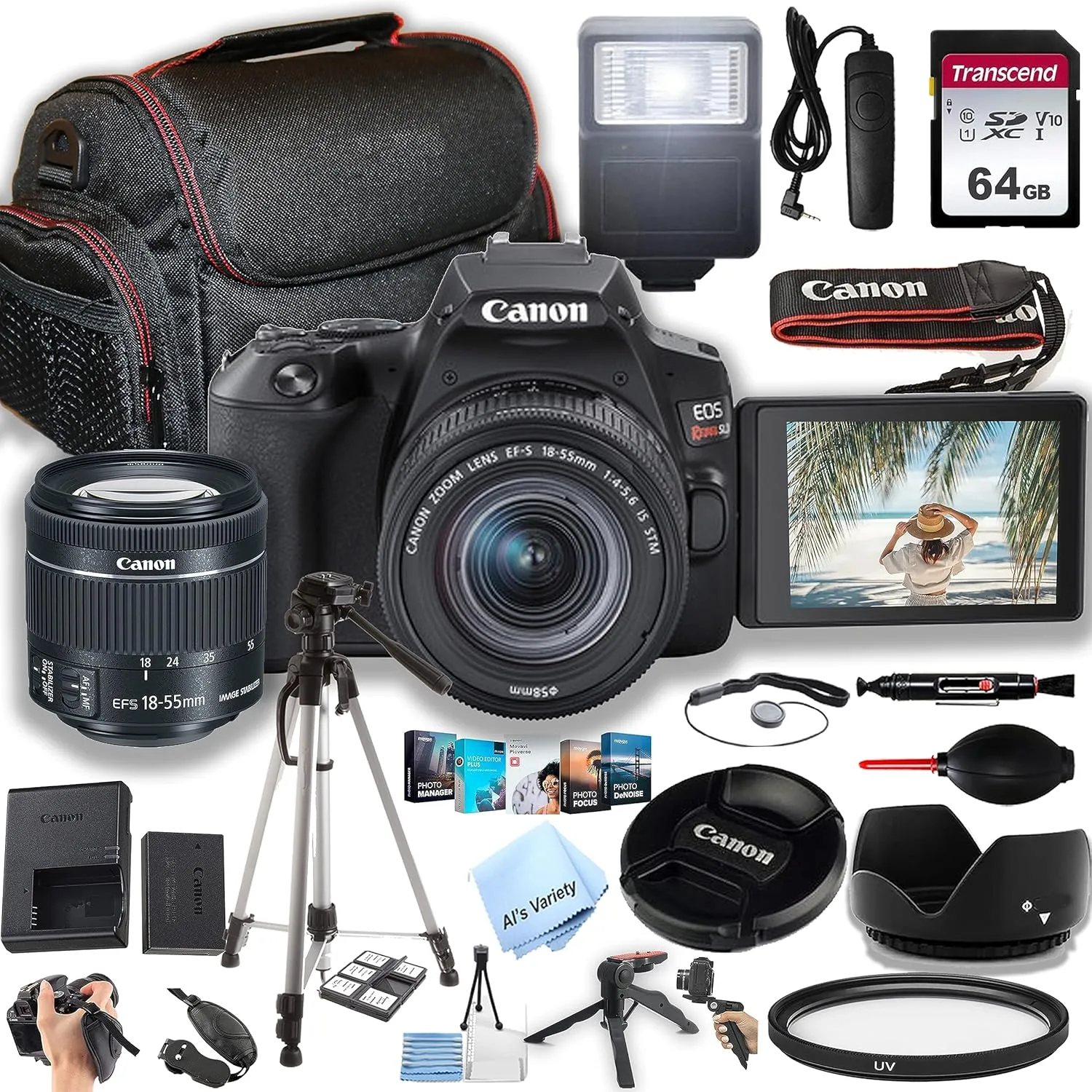 Canon EOS Rebel SL3 DSLR Camera w/EF-S 18-55mm F/4-5.6 STM Zoom Lens   64GB Memory, Case, Tripod, Flash, Remote, and More (32pc Bundle) (Renewed)