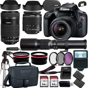 Canon EOS Rebel T100 /4000D DSLR Camera w EF-S 18-55mm F/3.5-5.6 Zoom Lens EF-S 55-250mm f/4-5.6 is STM 500mm f/8.0 Telephoto Lens case 128Memory Cards (24PC) (Renewed)