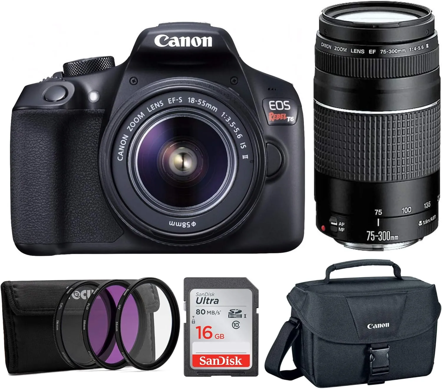 Canon EOS Rebel T6 18MP DSLR 18-55mm, 75-300mm Lenses, Bonus SD Card, and WiFi