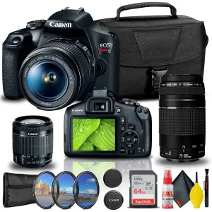 Canon EOS Rebel T7 DSLR Camera with 18-55mm and 75-300mm Lenses    Creative Filter Set   EOS Camera Bag    Sandisk Ultra 64GB Card   Cleaning Set, And More