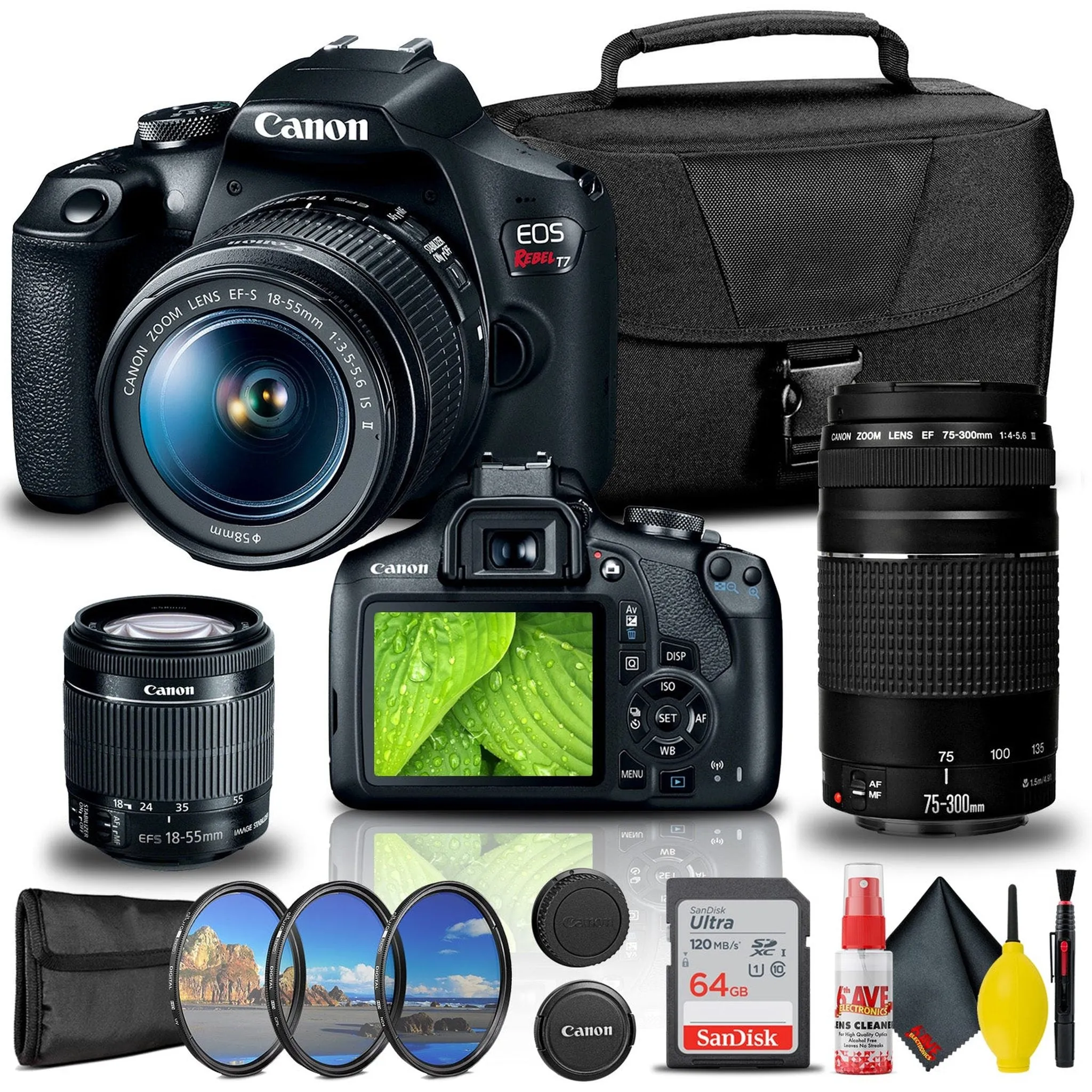Canon EOS Rebel T7 DSLR Camera with 18-55mm and 75-300mm Lenses    Creative Filter Set   EOS Camera Bag    Sandisk Ultra 64GB Card   Cleaning Set, And More