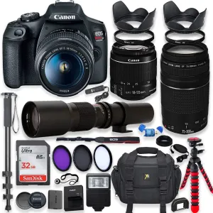 Canon EOS Rebel T7 DSLR Camera with 18-55mm is II Lens   Canon EF 75-300mm f/4-5.6 III Lens and 500mm Preset Lens   32GB Memory   Filters   Monopod   Professional Bundle (Renewed)