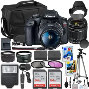 Canon EOS Rebel T7 DSLR Camera with 18-55mm Lens Bundle with Extra Canon Battery   2X 64GB Memory Cards   Accessory Kit Including Bag, Flash, Remote, Aux Lenses, Software & More